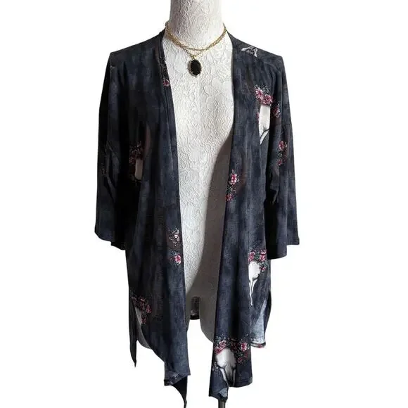 Floral Longhorn Skull Print Kimono Cardigan Boho Western Core M Coastal Cowgirl - Picture 10 of 10